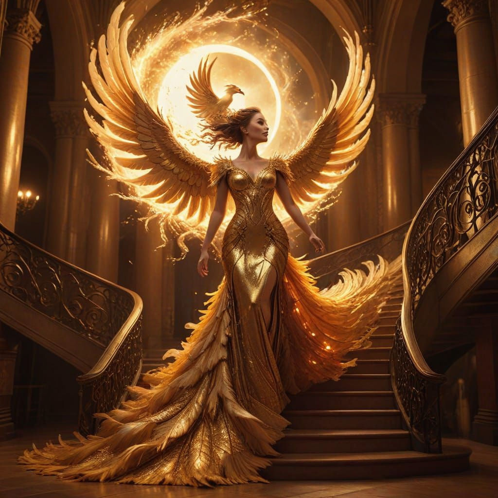 Woman in Feather Dress on Golden Staircase with Phoenix