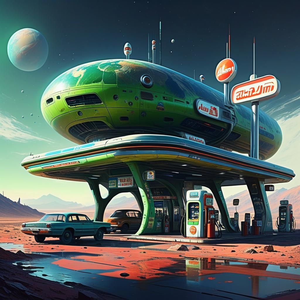 Retrofuturistic Alien Gas Station, Fantastical Digital Art