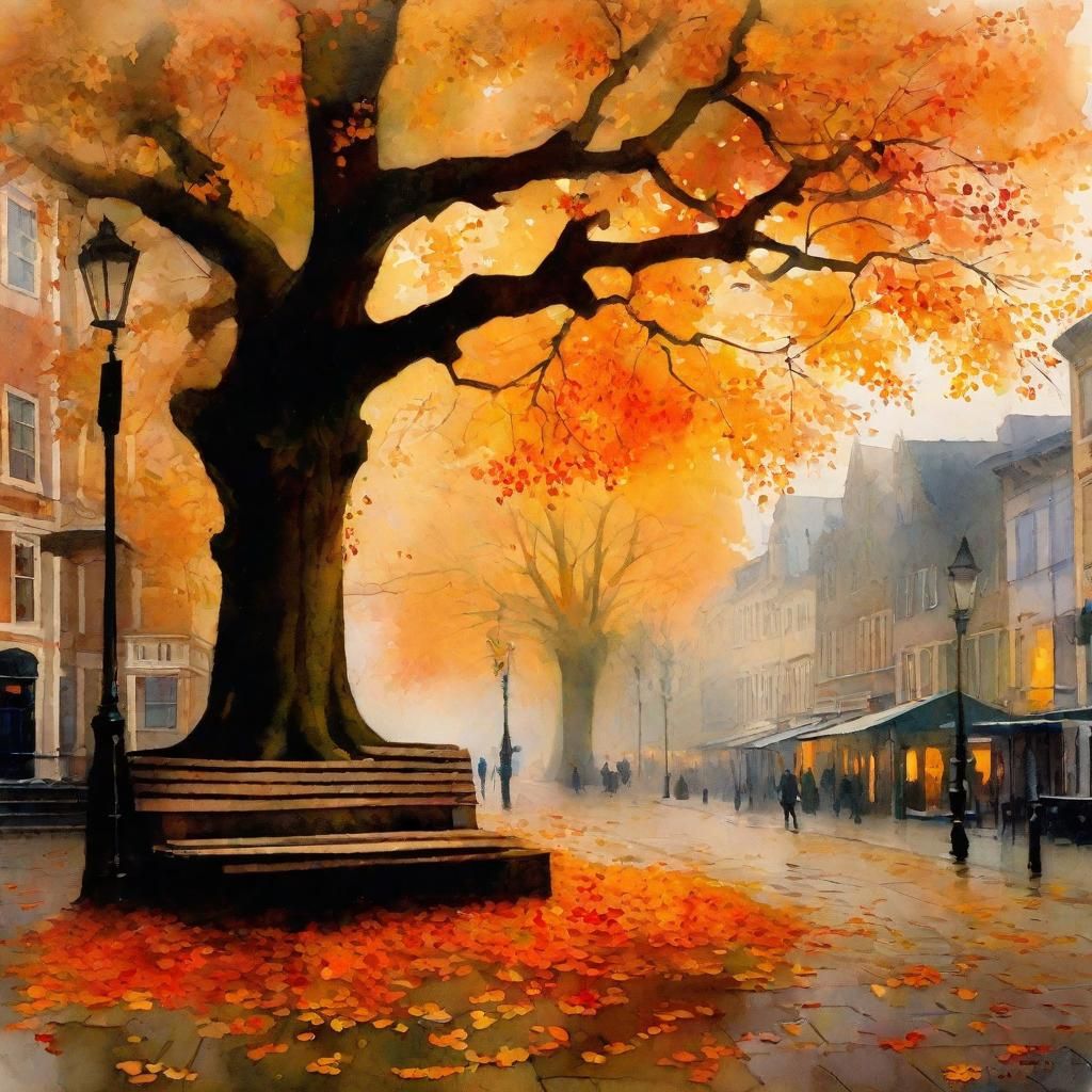 Autumn Tree in Town Square: Watercolor Mixed Media