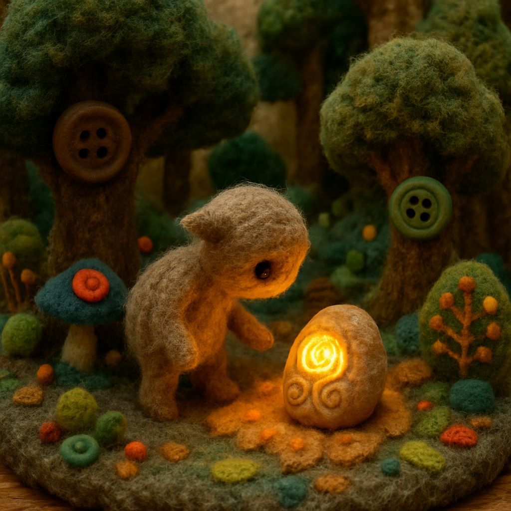 Mystical Felt Forest Diorama with Glowing Artifact