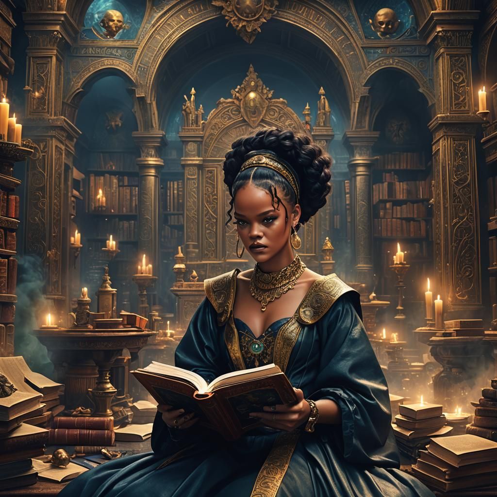 Rihanna Reading an Illuminated Book: Detailed Matte Painting