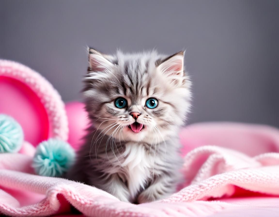 (Utterly precious candid pet moment:1.6) An unfathomably cute Persian kitten with a tiny pink nose and massive fluffy gr...