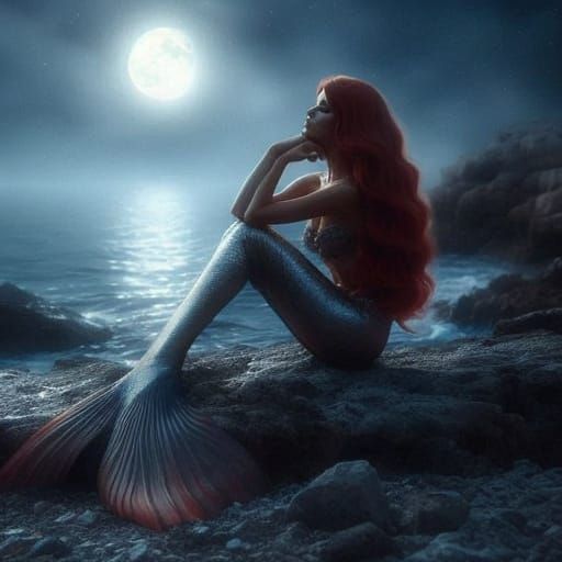 Ethereal Mermaid Contemplates Under Lunar Glow