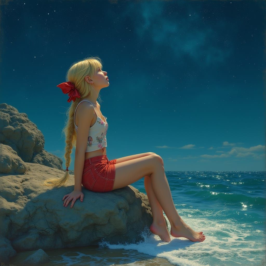 Girl Contemplating Starry Night Sky by the Sea