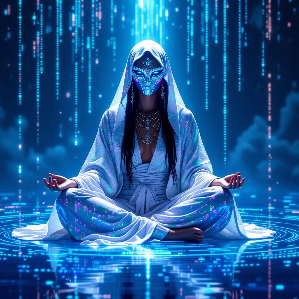 Cyberpunk Oracle on Floating Island with Binary Code