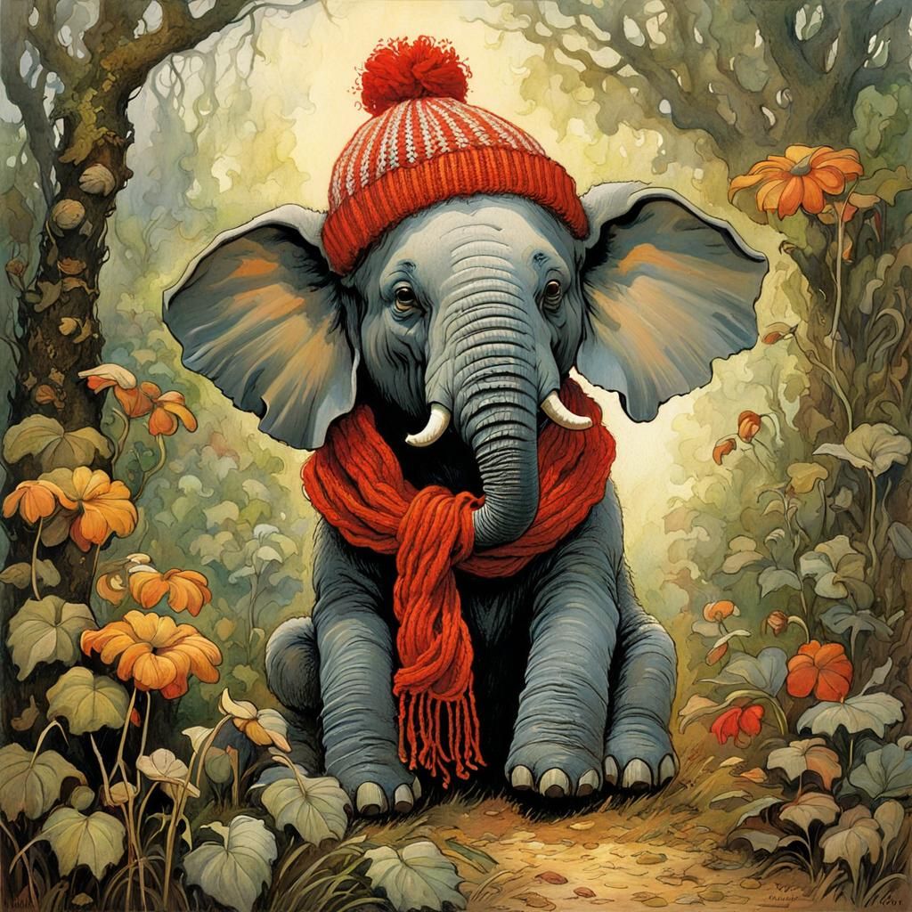 Elephant in Knitted Wear, Children's Illustration