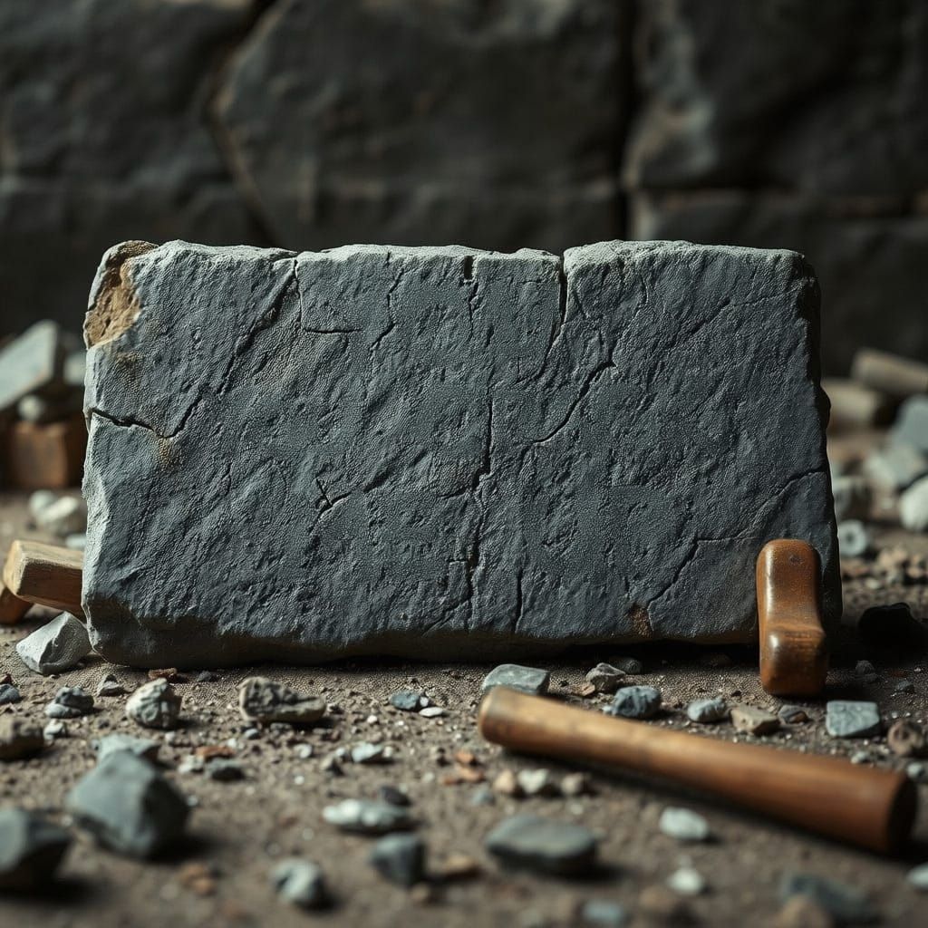 Stone Slab Inscription with Sledgehammer, Industrial Still L...