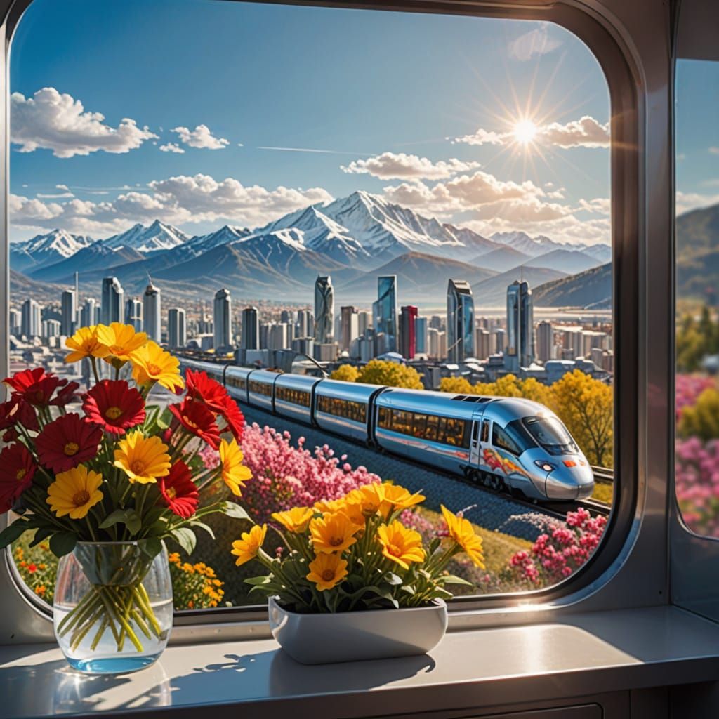 Travelers in Futuristic Cityscape with Sunny Mountains