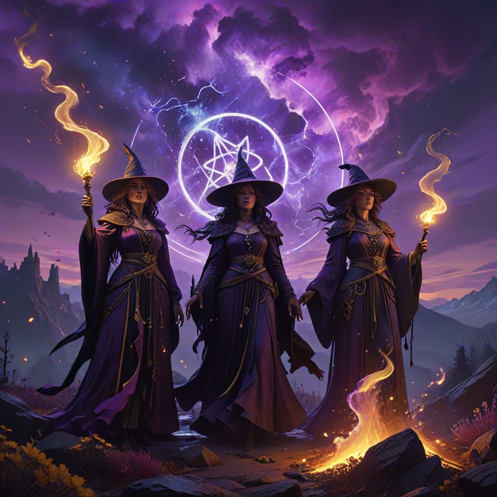 Witches Casting Spells Under Aurora Sky