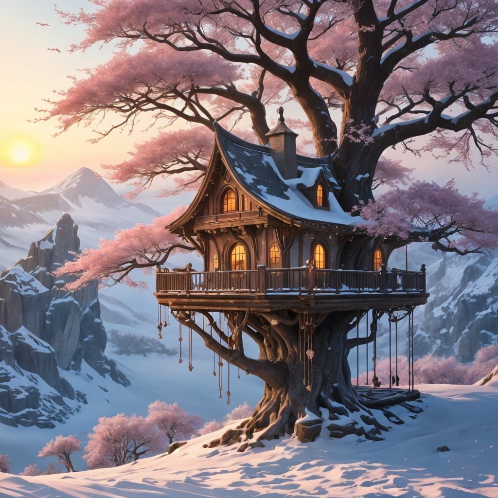 Enchanted Winter Treehouse Mansion in Pink Blossoms