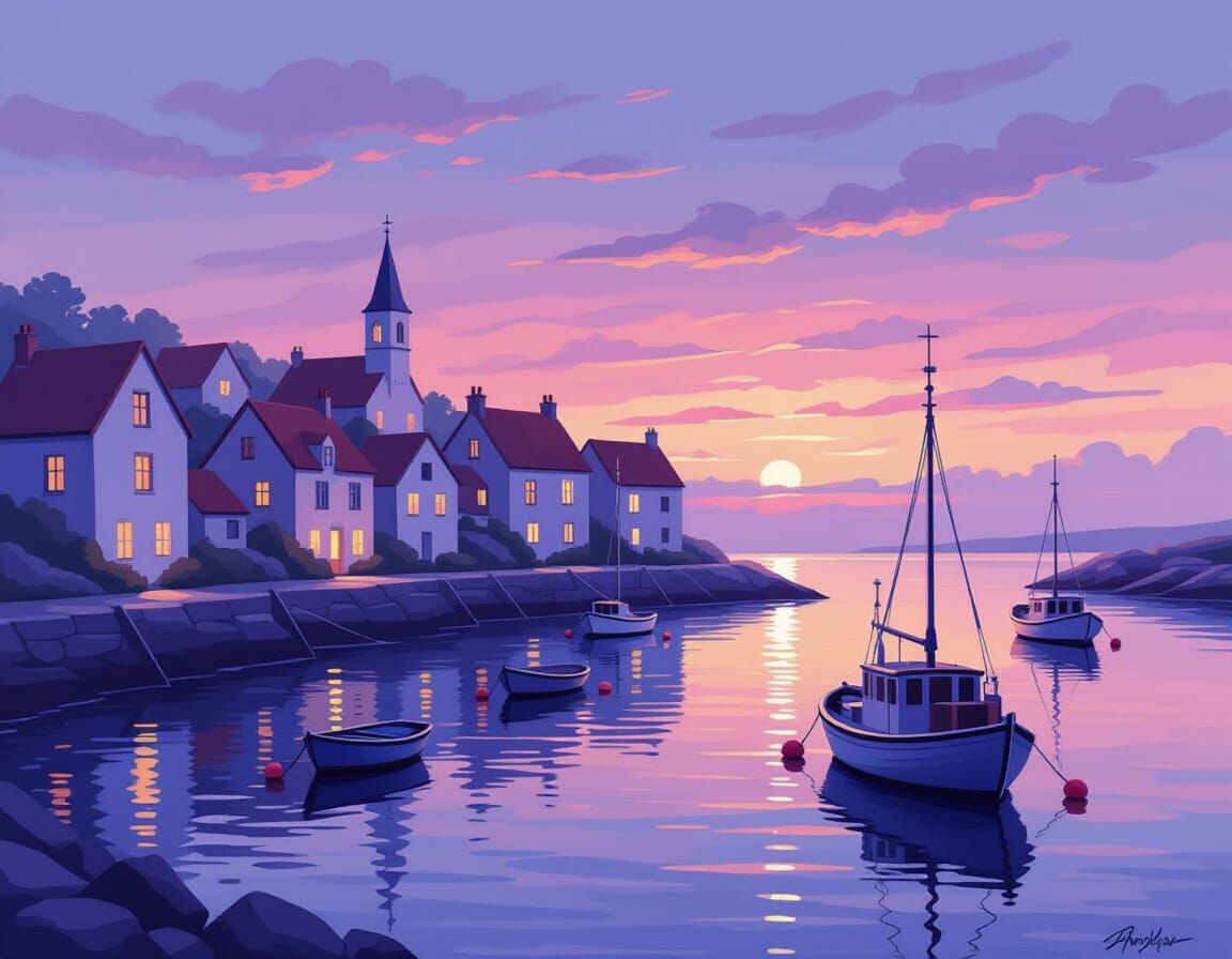 Serene Coastal Village Twilight Painting