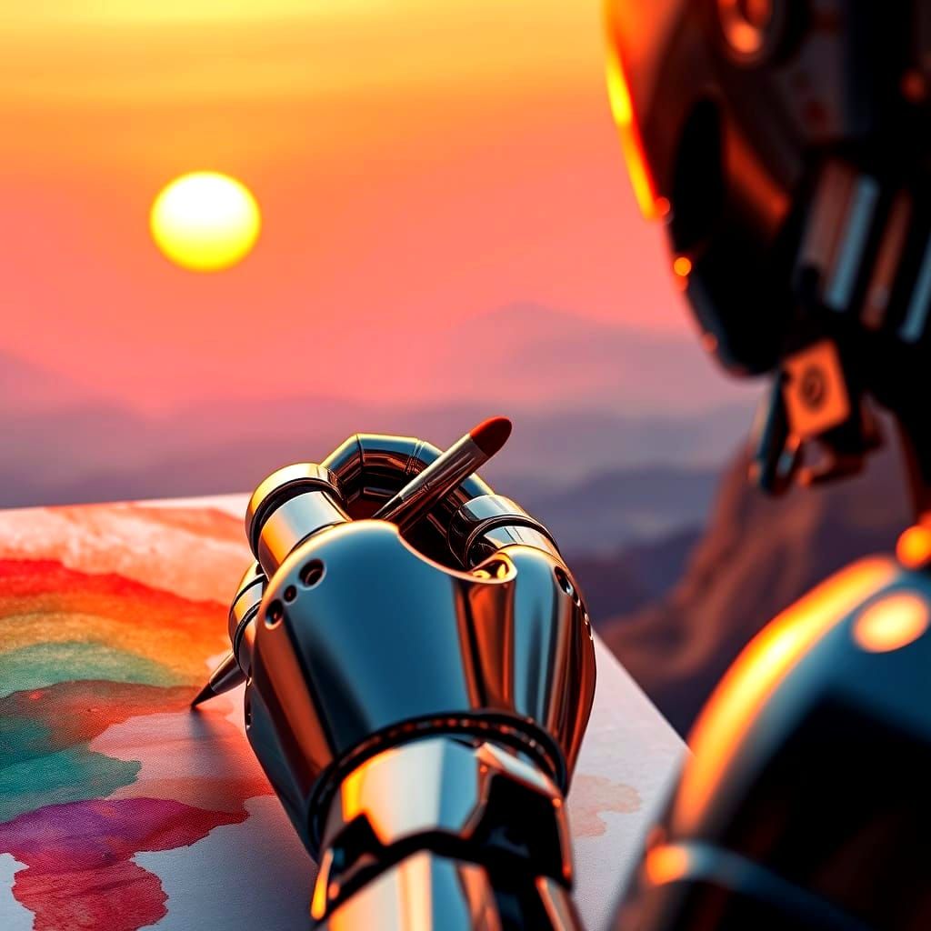 Robot Paints Watercolor Landscape Under Twin Suns