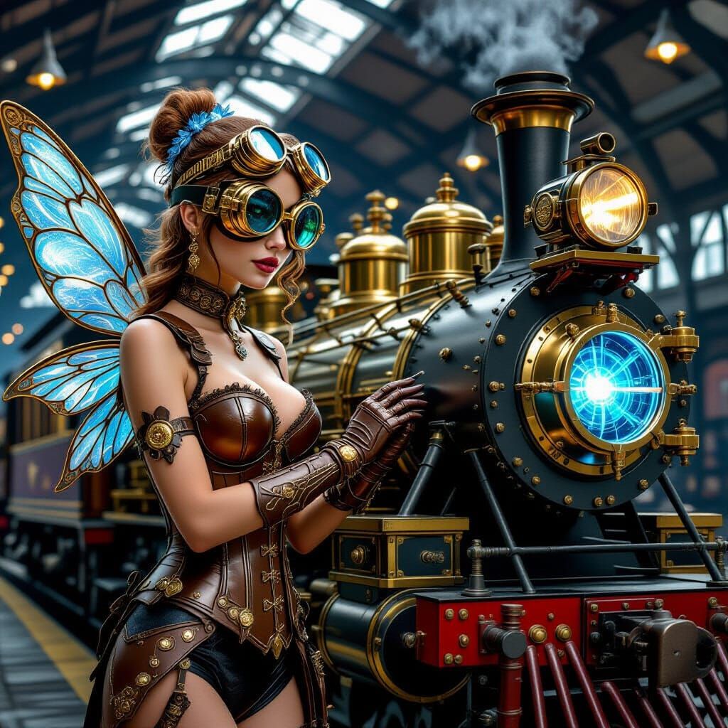 Steampunk Fairy Polishing Her Dark Matter Locomotive