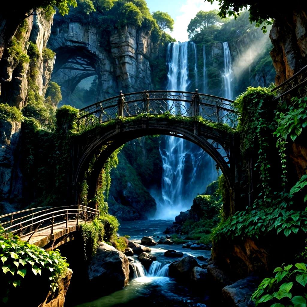 Intricate Bridge Over Cascading Waterfall