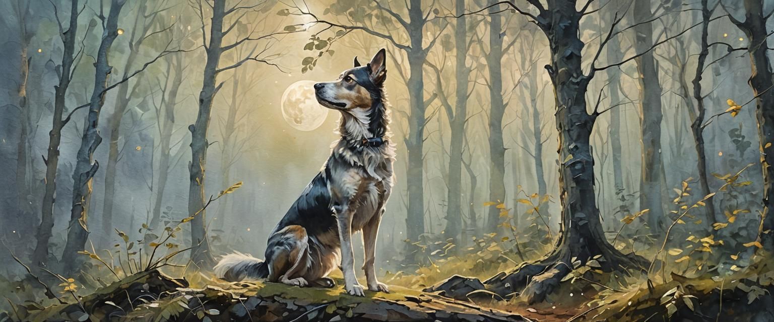 Dog Gazing at Moon in Misty Forest, Oil Painting