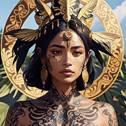 Art Nouveau Portrait of Tattooed Colombian Woman