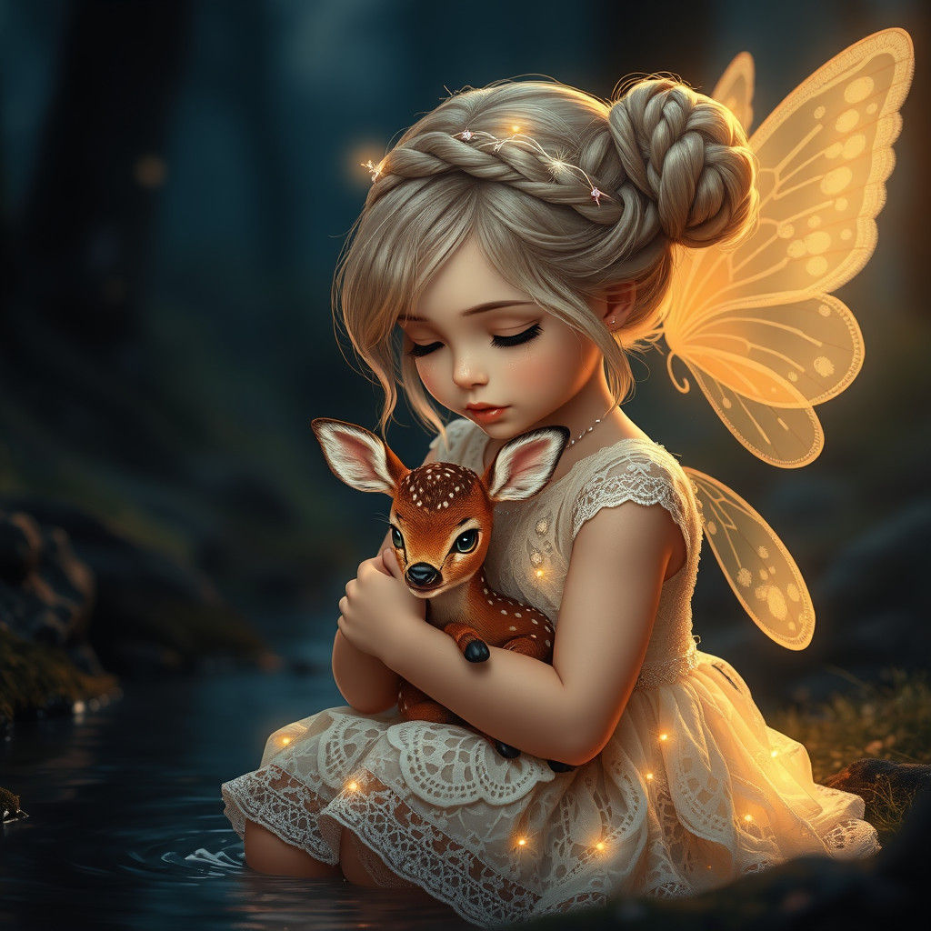 Girl with Deer in Mystical Woodland Scene