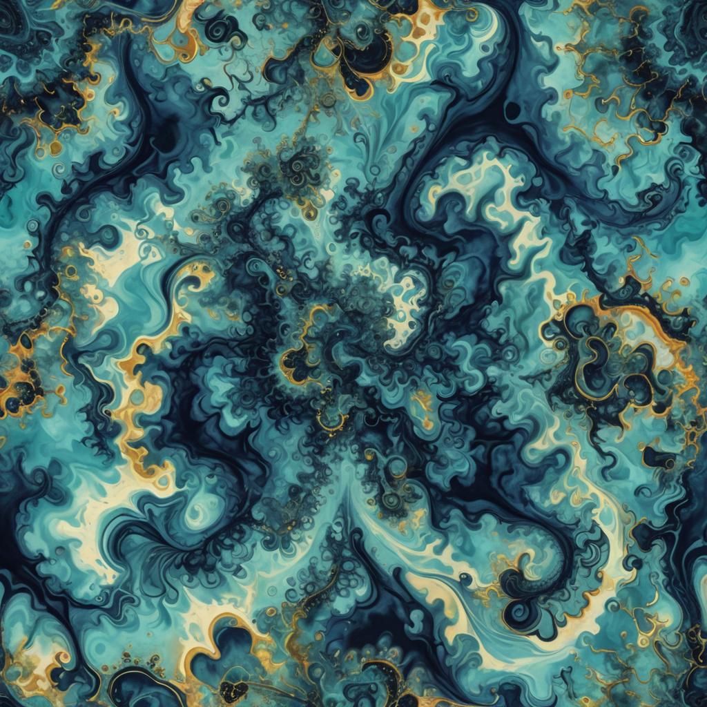 Navy and Aqua Tie Dye Fractal in Surreal Style