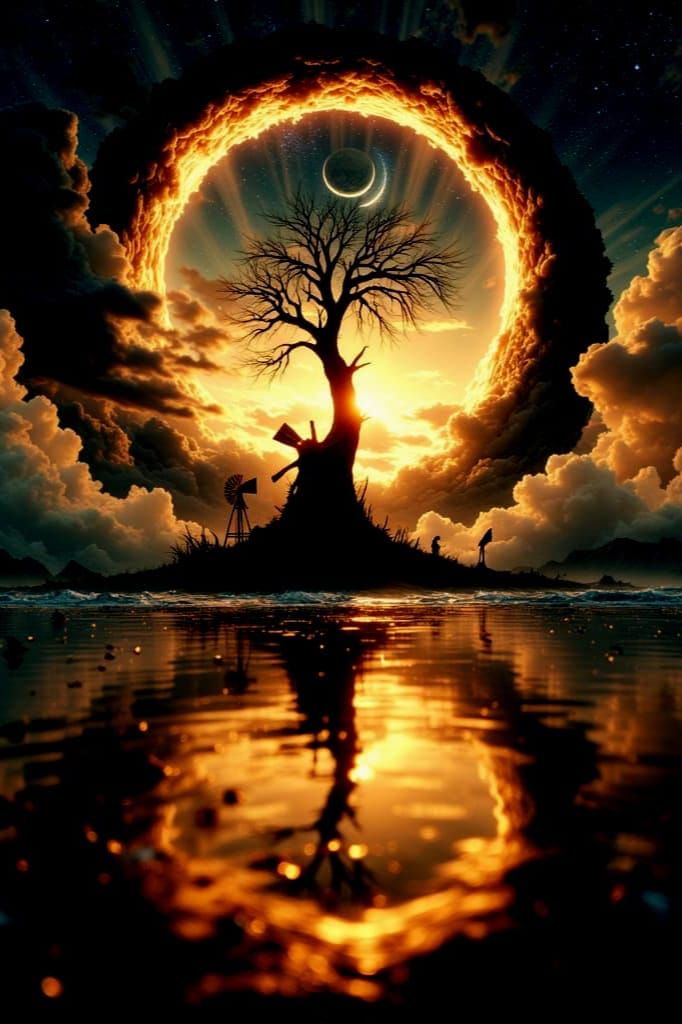 Cosmic Water Ring Portal with Windmill Tree