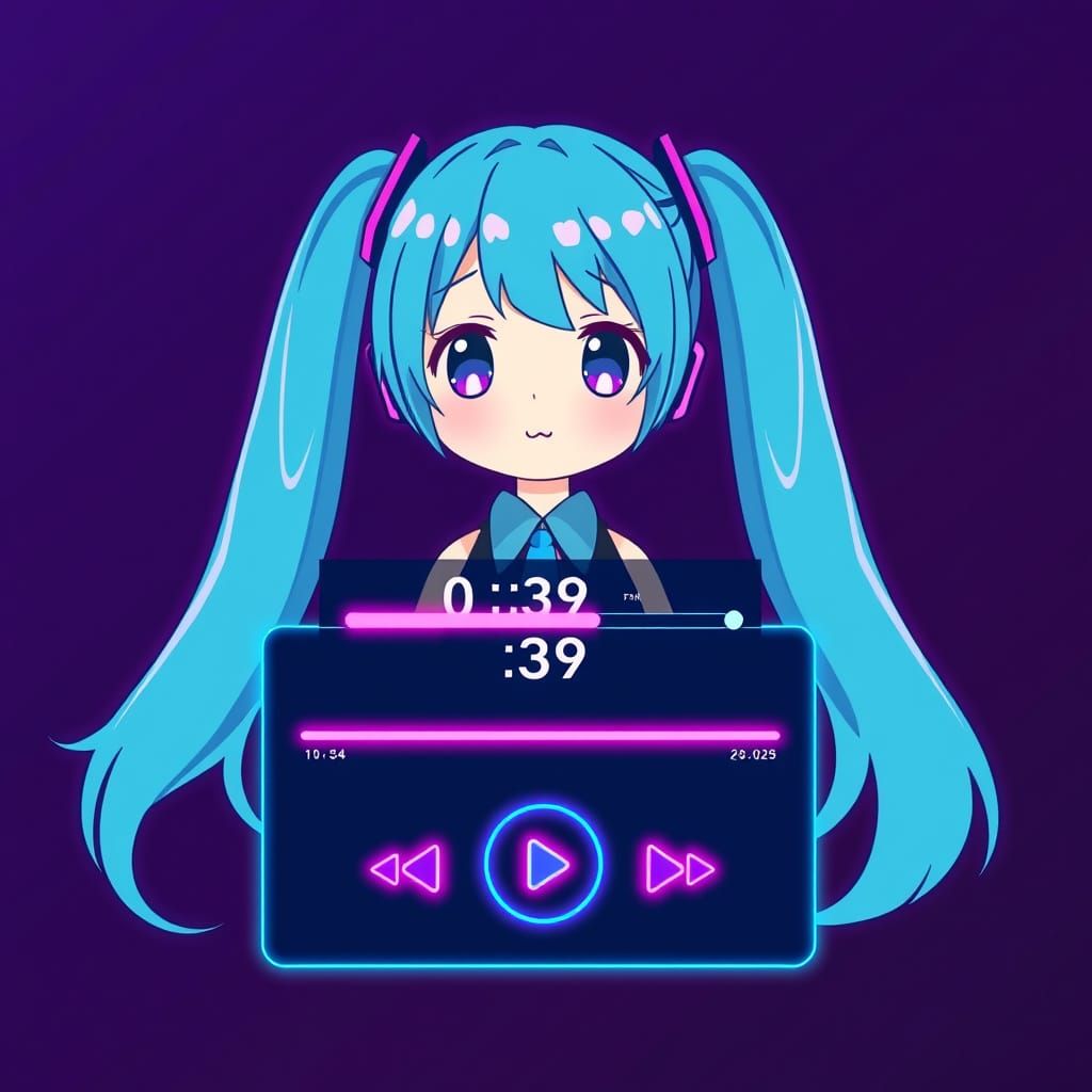 Vibrant Neon Music Player Interface with Kawaii Anime Girl