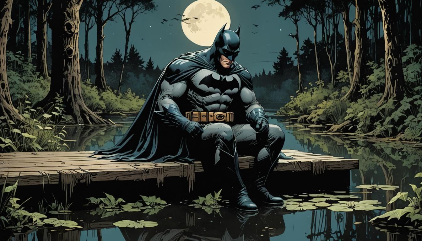 Batman Contemplates Life by Moonlit Pond