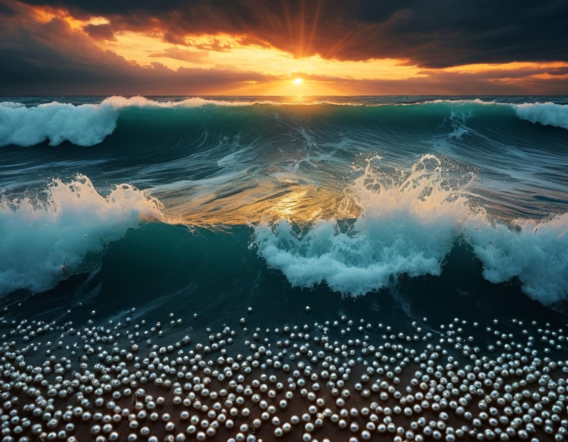 Majestic Sunset with Pearls in Painterly Style