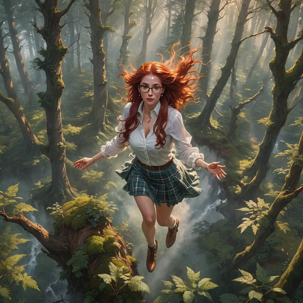 Woman with Red Hair Flying Over Magic Forest