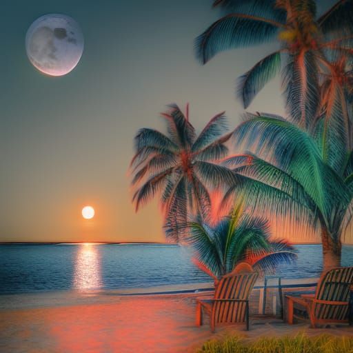 Tropical Tattoo Beach Scene with Moon, HDR