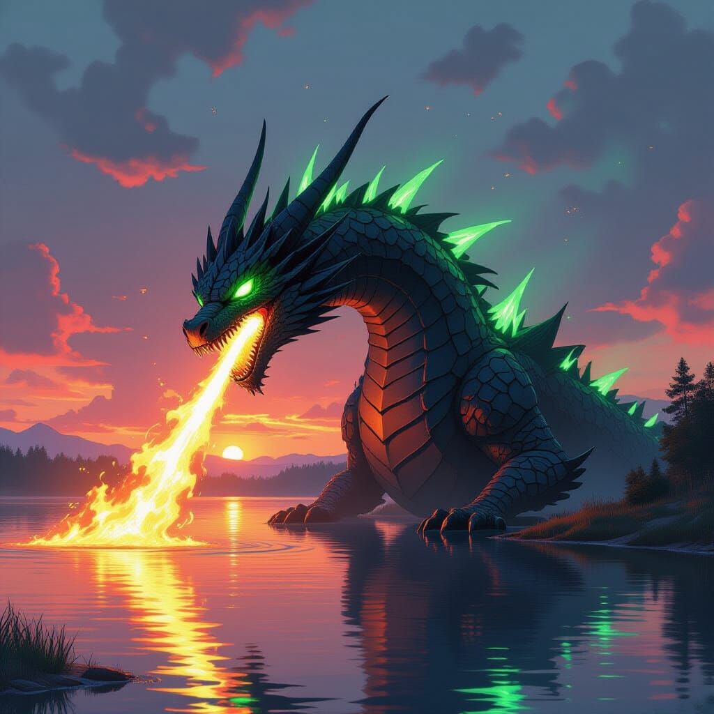 Majestic Black Dragon Spitting Fire at Sunset