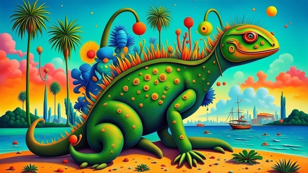 Giant Iguana Amidst Tsunami and Cityscape