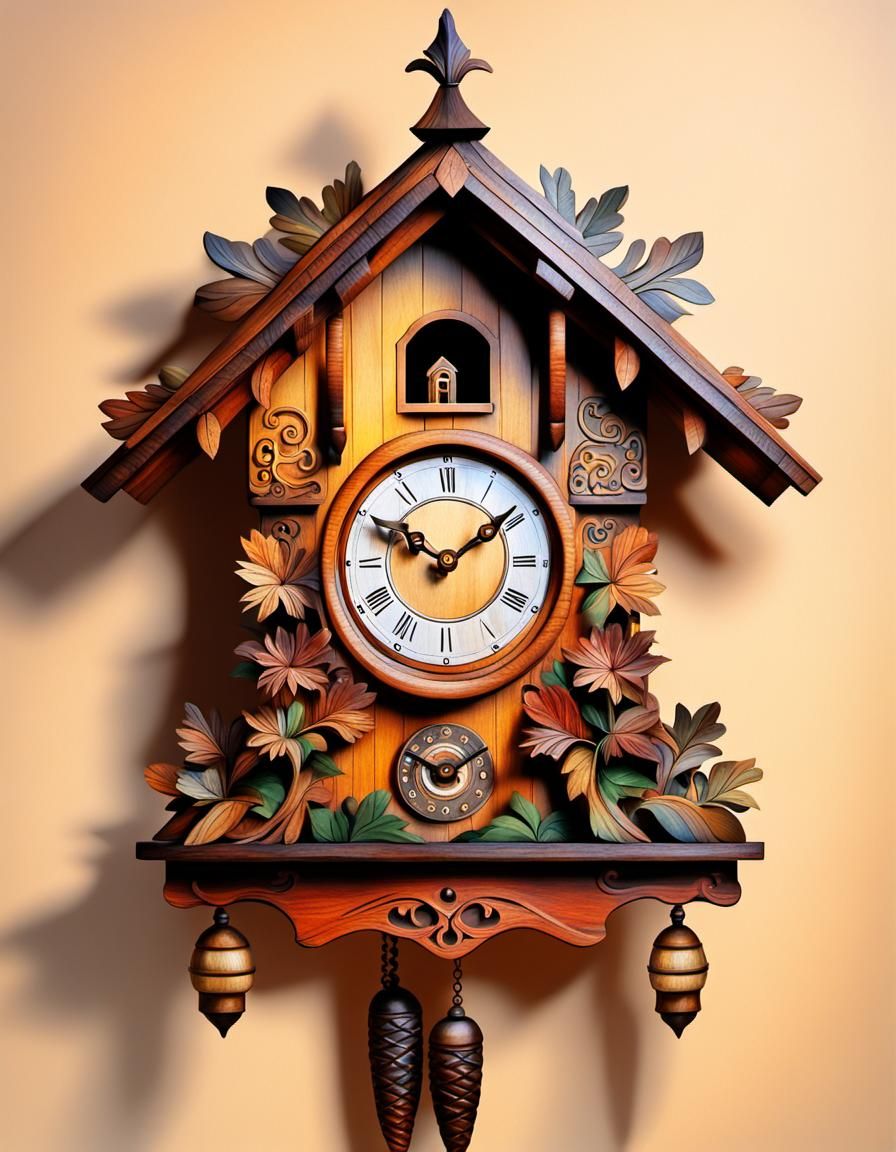 Antique Wooden Cuckoo Clock in Oil Painting Style