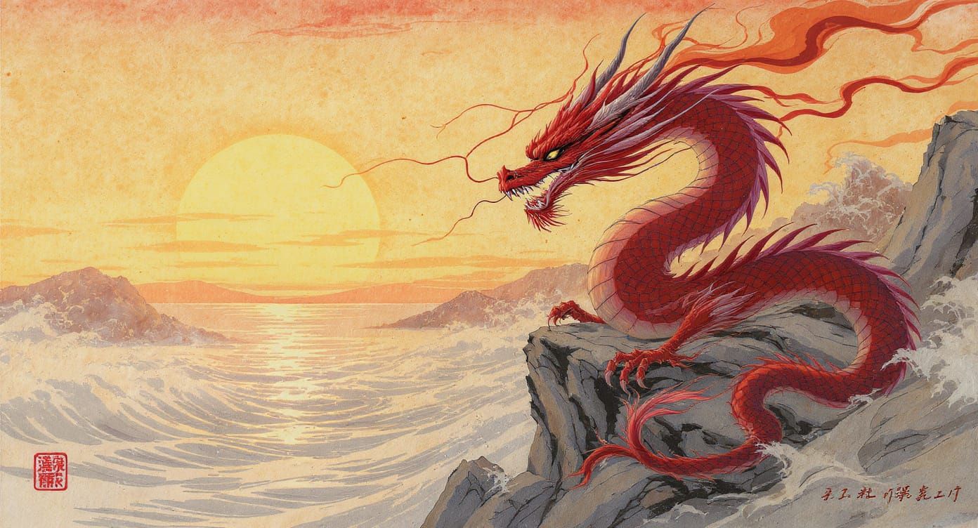 Red Dragon Sunrise: Japanese Anime Watercolor Art