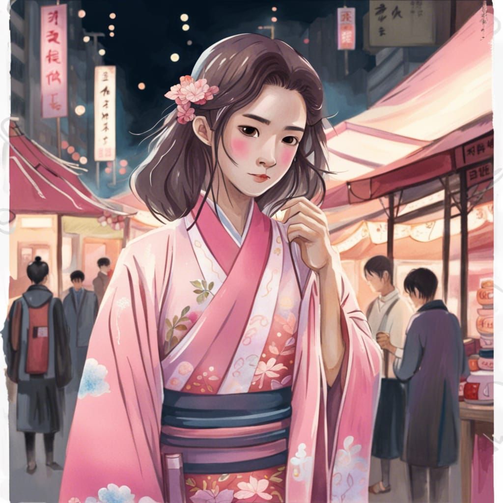 Japanese Autumn Festival Market Scene in Watercolor