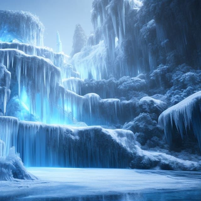 Snowy Waterfall Winter Landscape in Detailed Matte Painting