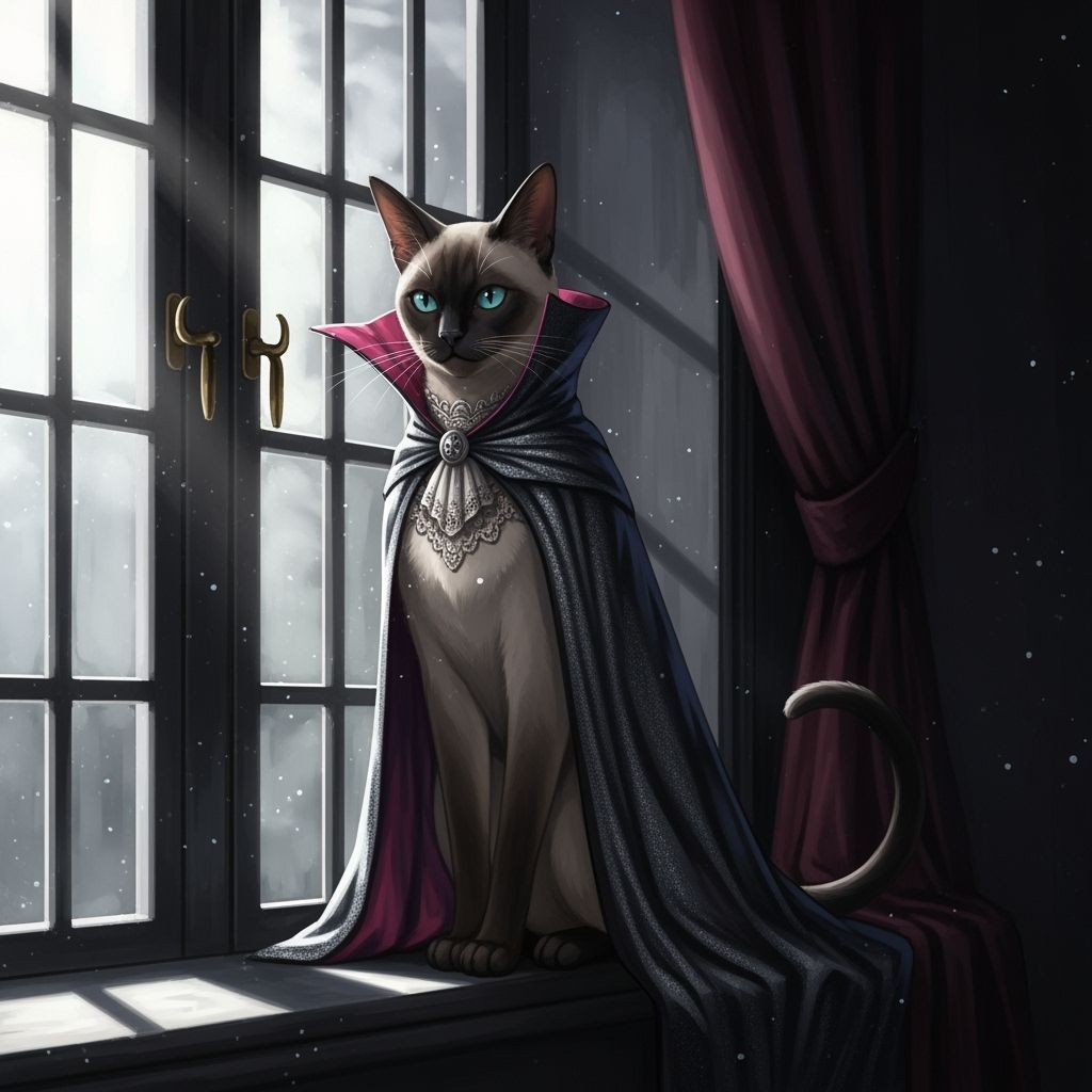 Sophisticated Siamese Cat in Vampire Costume on Gothic Windo...
