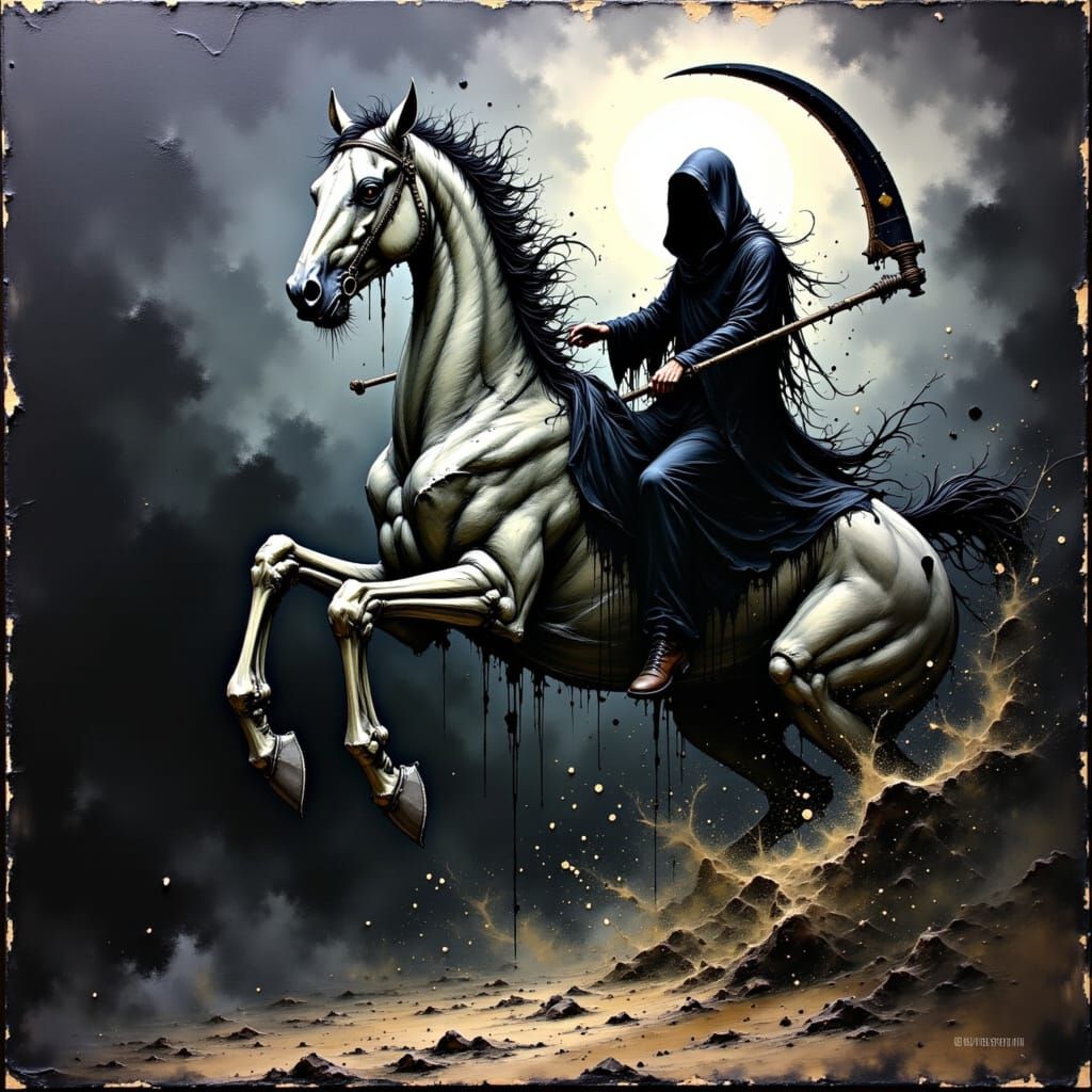 Grim Reaper on Skeletal Horse in Impasto Style