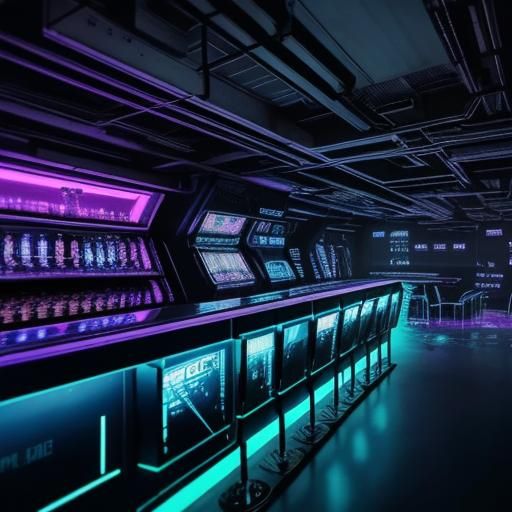 Cyberpunk Penthouse Bar with Arcade Machines