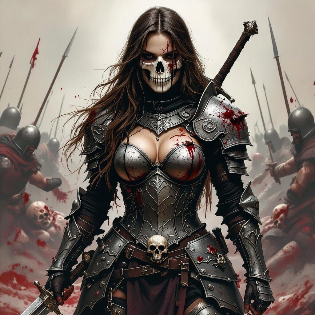 Gothic Armored Warrior Amidst Battlefield Carnage