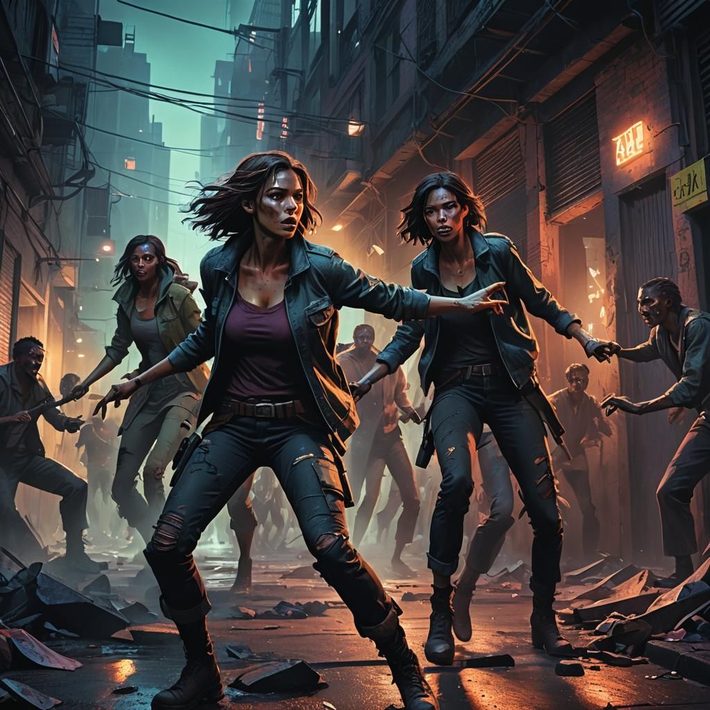 Woman Fighting Zombies in Dark Alley: Fantasy Concept Art