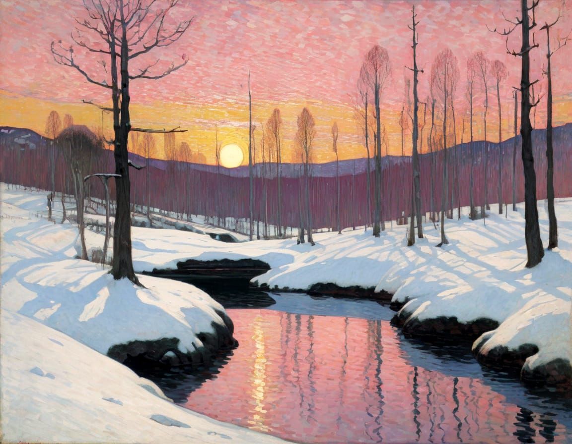 Winter Landscape Painted in Vibrant Colors of a Pink Sunset