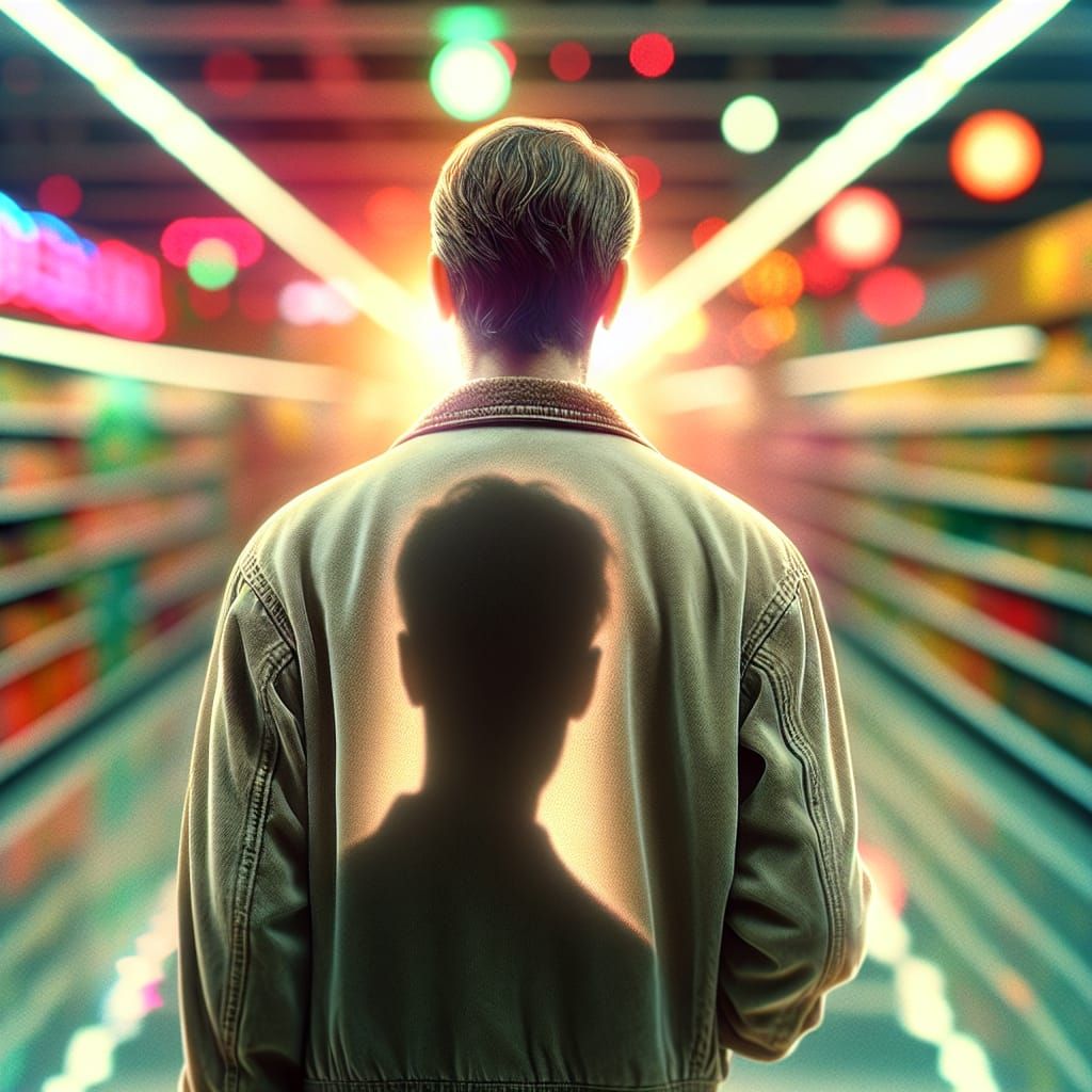 Man's Distorted Shadow in Supermarket Aisle