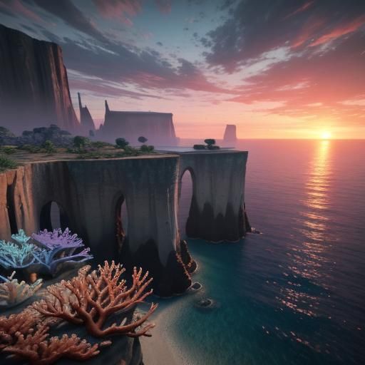 Underwater Sunset with Coral Cliffs in 3D
