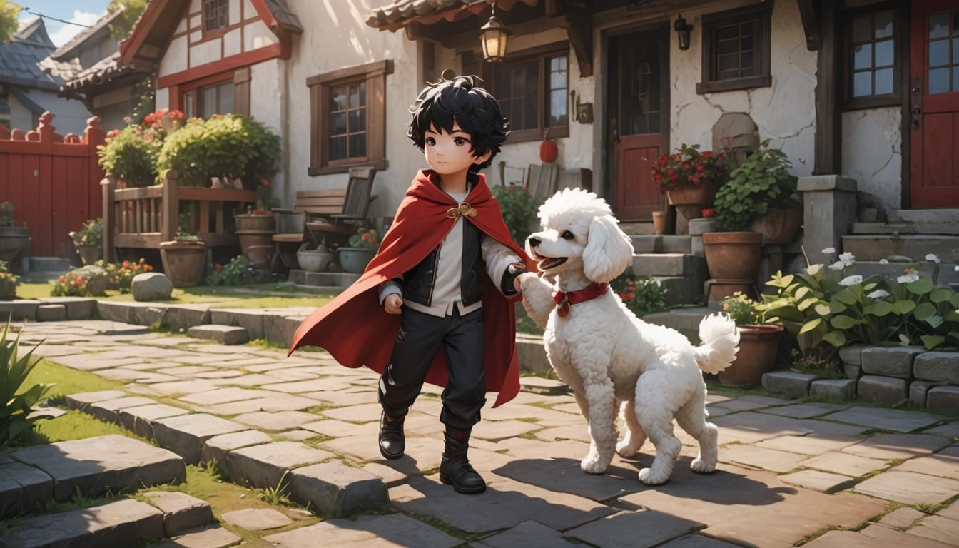 Anime Boy with Puppy in Yard, 3D Render