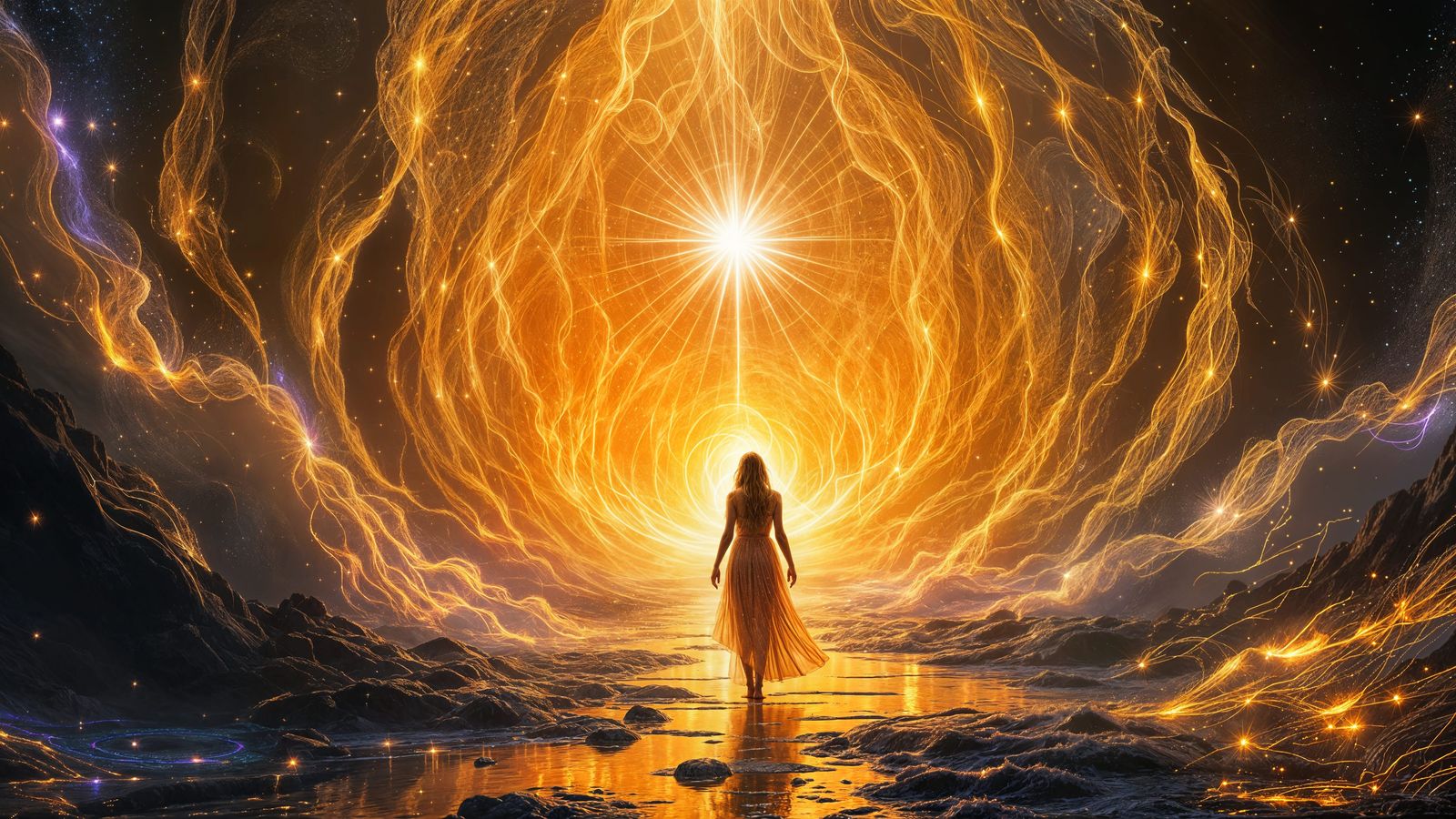 Ethereal Figure Ascending in Streams of Golden Light