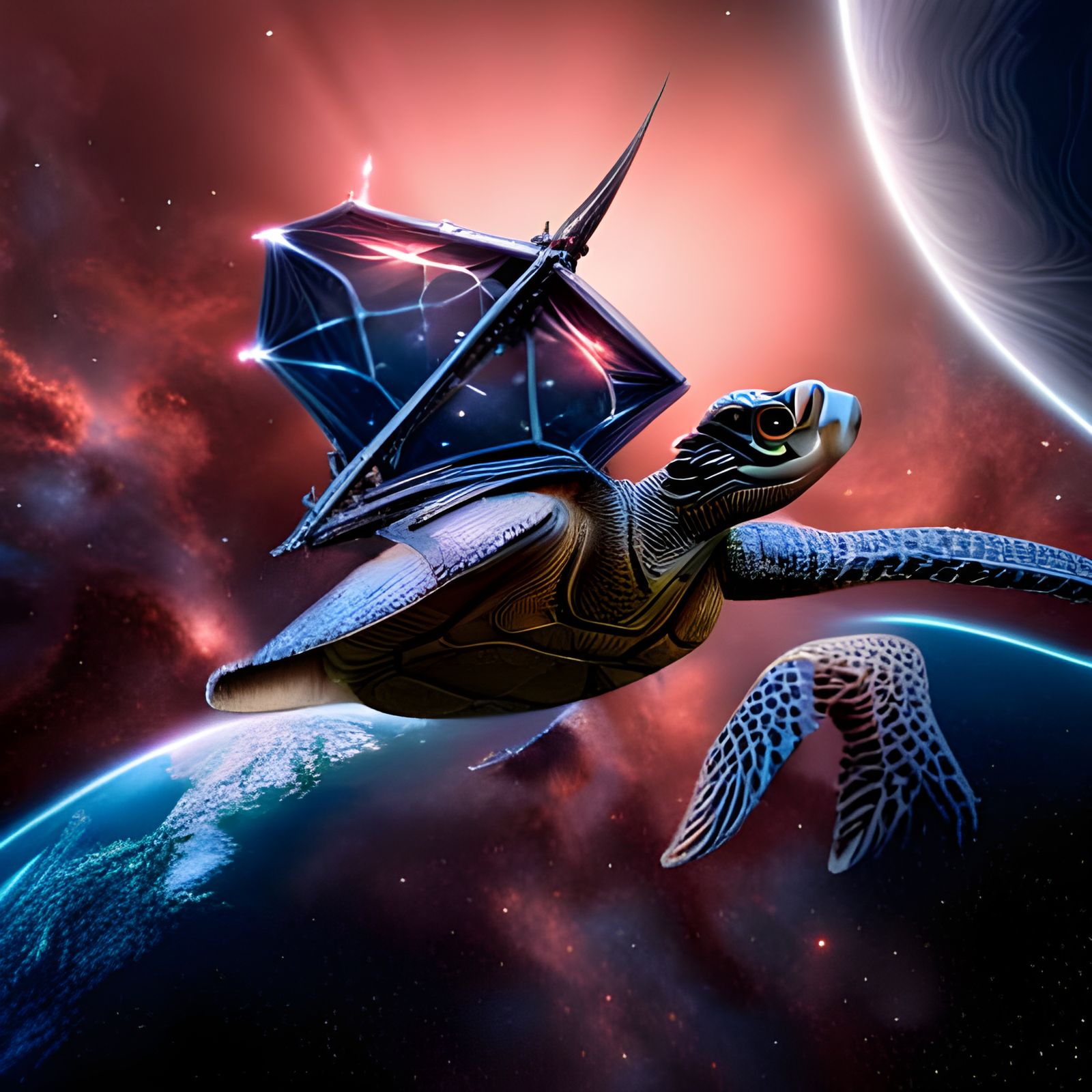 Turtle Dragon in Space with Ships: Hyperrealistic