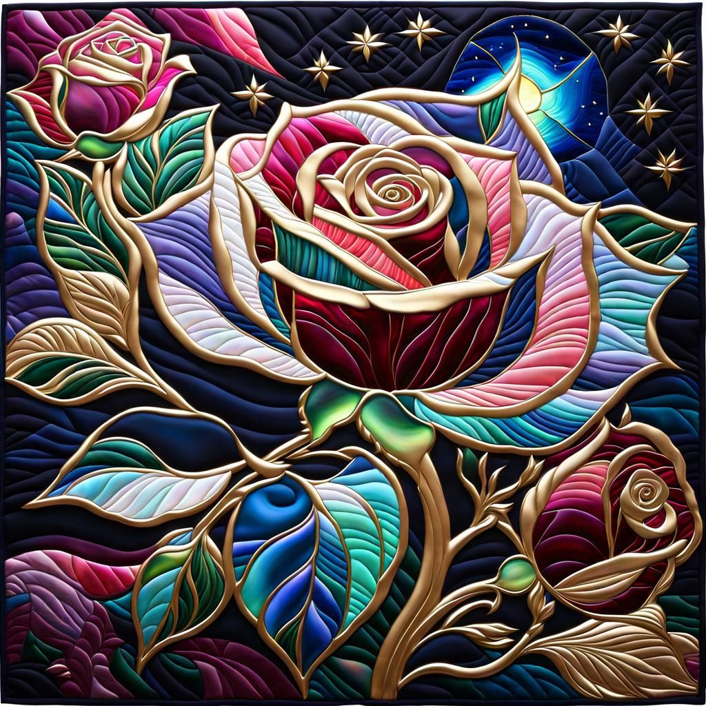 Quilted Aurora Borealis Glass Rose with Gilded Edges