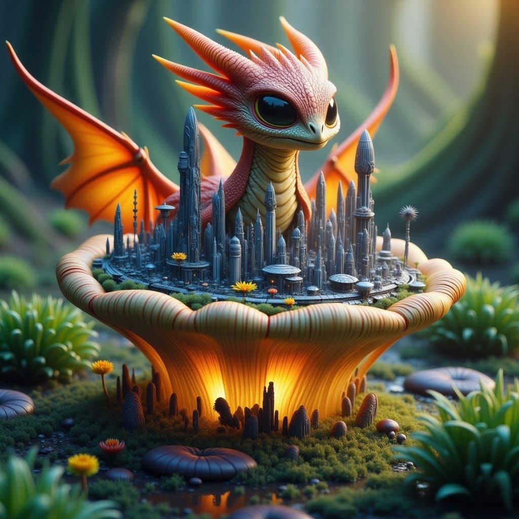 Chibi Dragon on Bioluminescent Mushroom