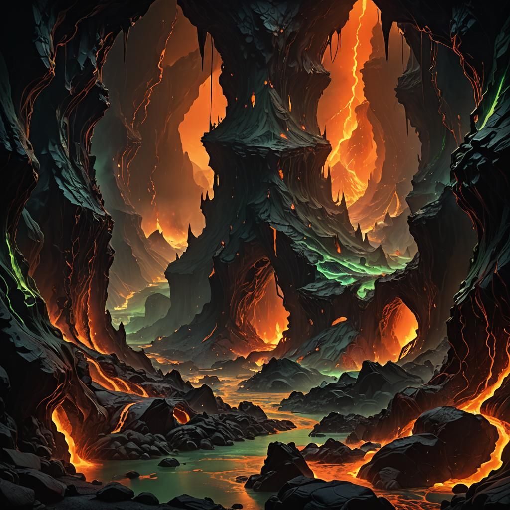 Molten Gold Lava River in Dreamlike Caverns