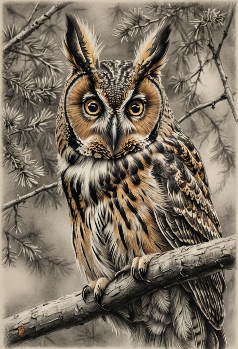 Long-Eared Owl: Hyperdetailed Charcoal Drawing