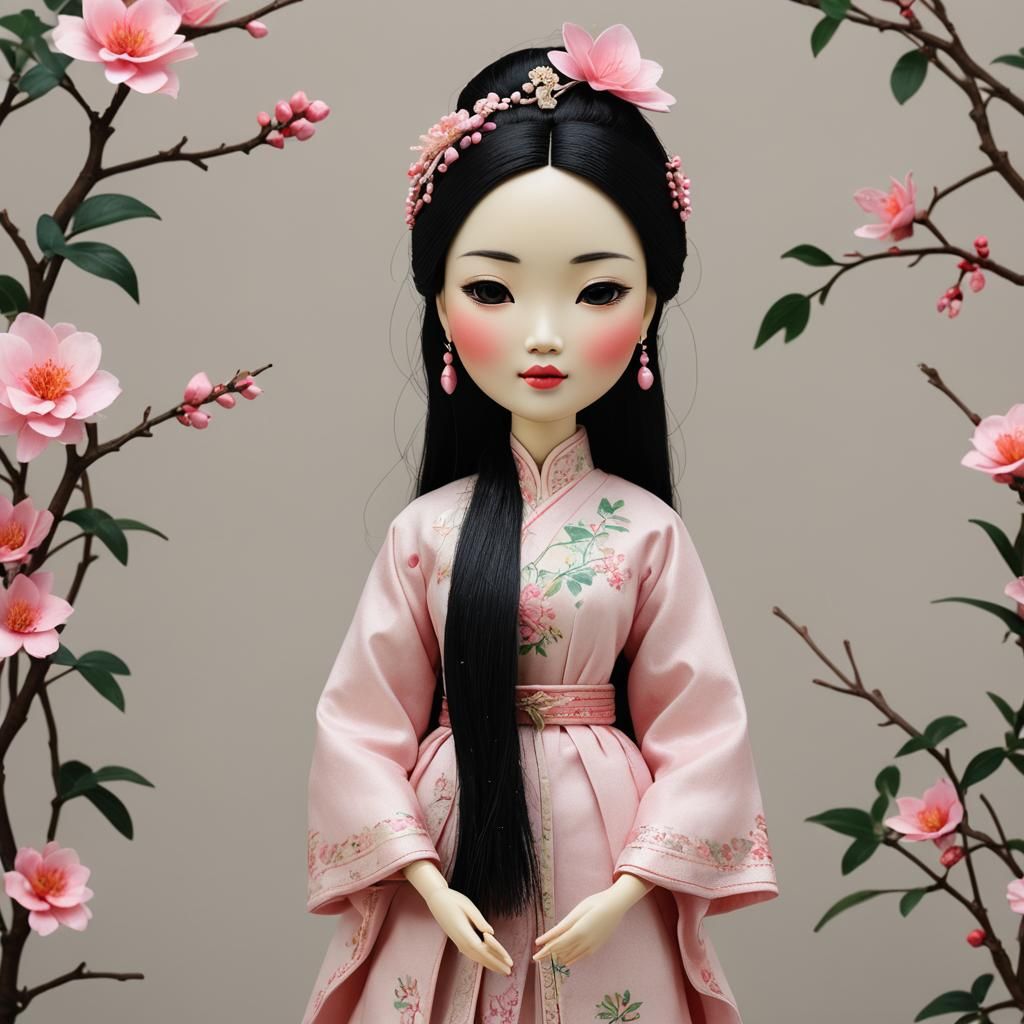 Young Vietnamese woman doll with long black hair as a delica...